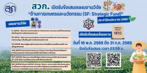 สวก. เปิดรับข้อเสนอแผนงานวิจัย “ด้านการเกษตรและนวัตกรรม (SF: Strategic Fund)” ปีงบประมาณ 2569