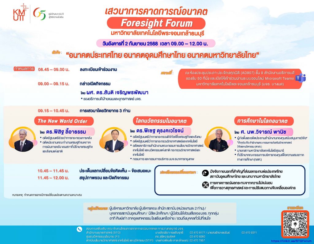 ขอเชิญเข้าร่วมงานเสวนาการคาดการณ์อนาคต Foresight Forum มหาวิทยาลัยเทคโนโลยีพระจอมเกล้าธนบุรี