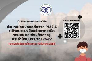 สวก. เปิดรับข้อเสนอโครงการวิจัย Selected Topic “ประเทศไทยปลอดภัยจาก PM2.5 (เป้าหมาย 8 จังหวัดภาคเหนือตอนบน และจังหวัดตาก)” ประจำปีงบประมาณ 2569