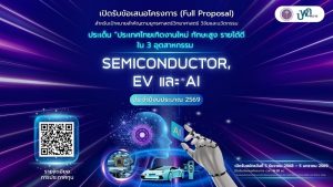 บพค. เปิดรับข้อเสนอโครงการสำหรับเป้าหมายสำคัญตามยุทธศาสตร์วิทยาศาสตร์ วิจัยและนวัตกรรม ประเด็น “ประเทศไทยเกิดงานใหม่ ทักษะสูง รายได้ดี ใน 3 อุตสาหกรรม (Semiconductor, EV และ AI)” ประจำปีงบประมาณ 2569
