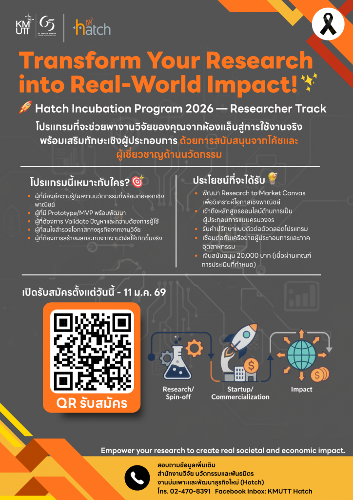 ประกาศขยายเวลาการสมัคร Hatch Incubation Program 2026 — Researcher Track