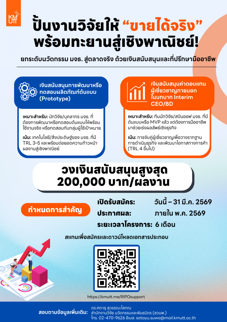 สวนพ. เปิดรับข้อเสนอภายใต้โครงการสนับสนุนการใช้ประโยชน์ผลงานวิจัยเชิงพาณิชย์ ประจำปีงบประมาณ 2569