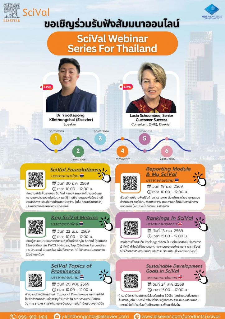 บริษัท Elsevier ขอเชิญเข้าร่วมรับฟังสัมมนาออนไลน์หัวข้อ “SciVal Webinar Series for Thailand”