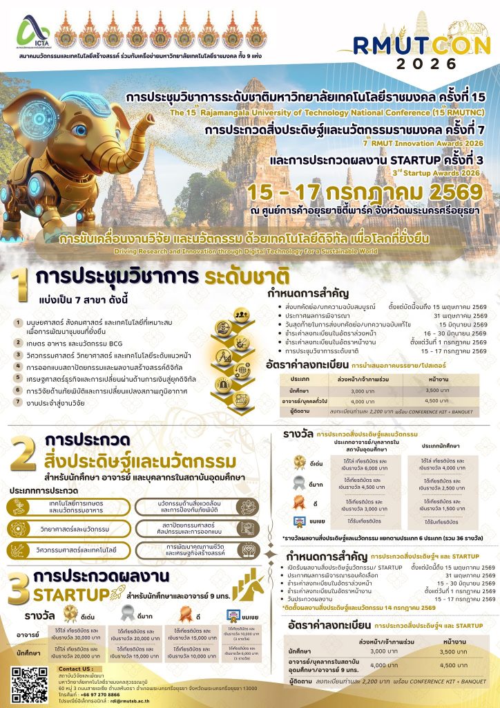มทร. สุวรรณภูมิขอเชิญส่งผลงานเข้าร่วมนำเสนอผลงานวิจัยในการประชุมวิชาการระดับชาติ มหาวิทยาลัยเทคโนโลยีราชมงคล ครั้งที่ 15 การประกวดสิ่งประดิษฐ์และนวัตกรรมราชมงคล ครั้งที่ 7 และการประกวดผลงาน Startup ครั้งที่ 3