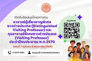 สวนพ. ประกาศรับข้อเสนอโครงการทุนอาจารย์ผู้เชี่ยวชาญพิเศษชาวต่างประเทศ (Distinguished Visiting Professor) และทุนอาจารย์พิเศษชาวต่างประเทศ (Visiting Professor) ประจำปีงบประมาณ พ.ศ.2570