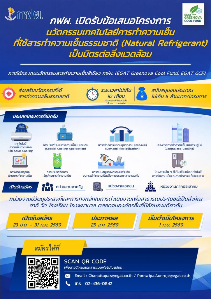 กฟผ. เปิดรับข้อเสนอโครงการ ภายใต้ &ldquo;กองทุนนวัตกรรมสารทำความเย็นสีเขียว กฟผ. (EGAT Greenova Cool Fund: EGAT GCF)&rdquo;