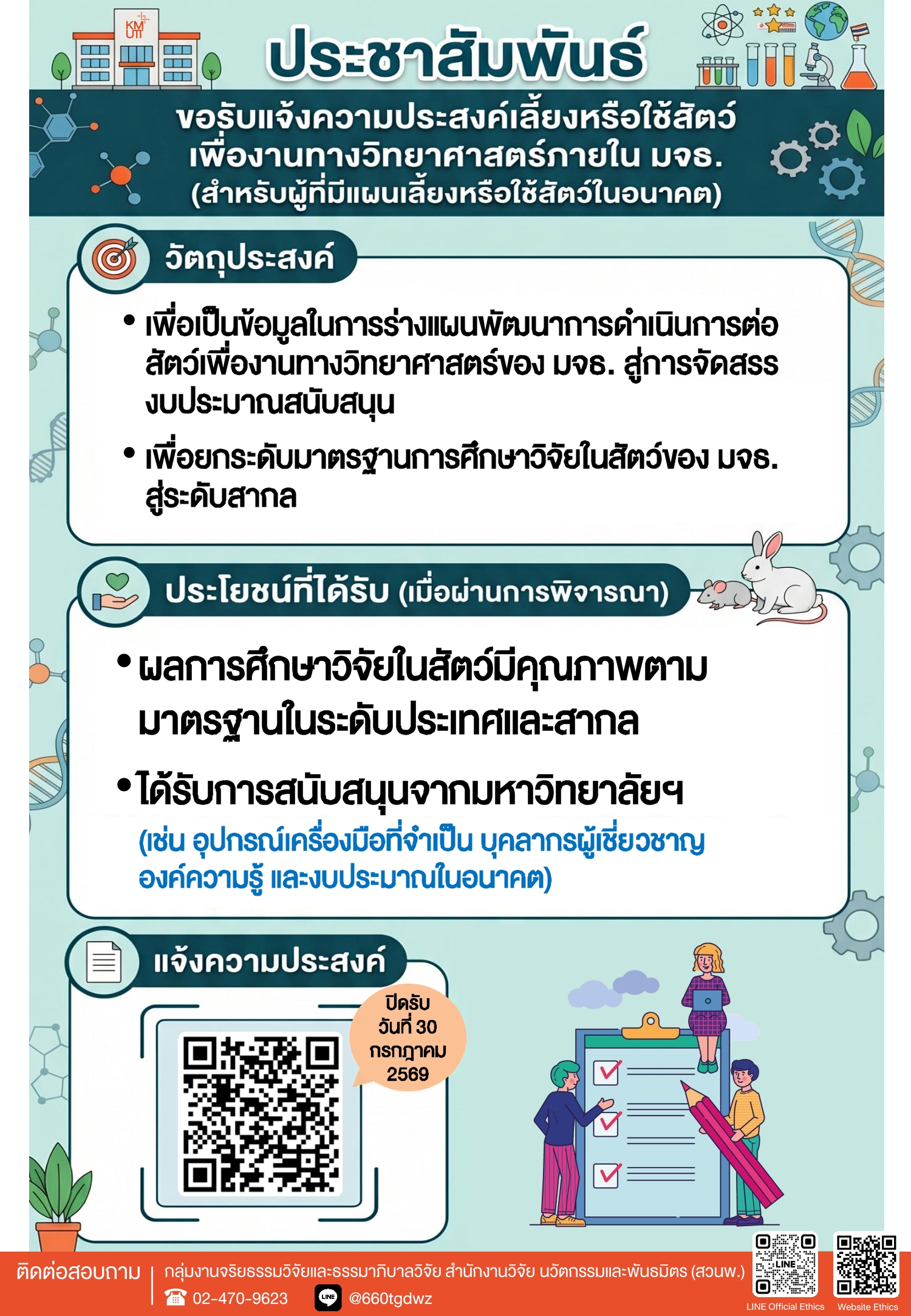 สวนพ. ขอรับแจ้งความประสงค์เลี้ยงหรือใช้สัตว์เพื่องานทางวิทยาศาสตร์ภายใน มจธ.(สำหรับผู้ที่มีแผนเลี้ยงหรือใช้สัตว์ในอนาคต)