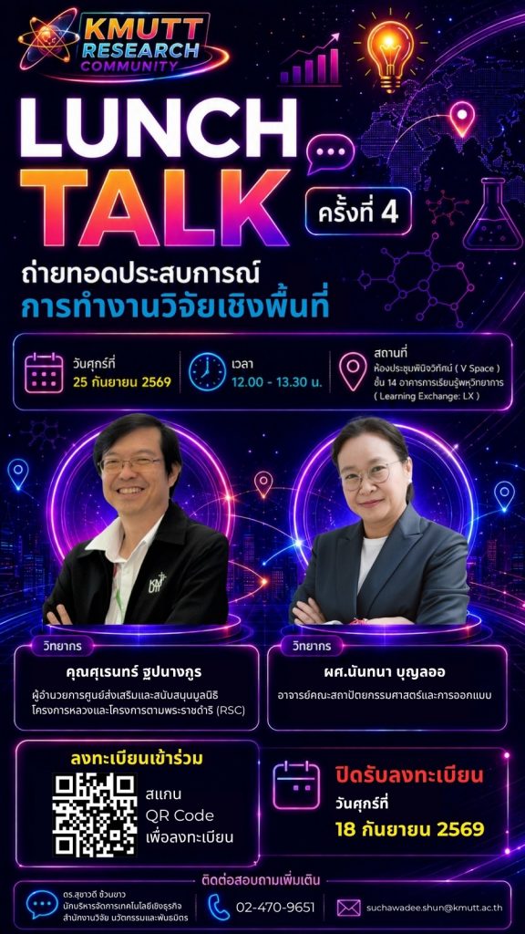สวนพ. ขอเชิญเข้าร่วมกิจกรรม Lunch Talk ครั้งที่ 4 (KMUTT Research Community) ประจำปี 2569 หัวข้อ