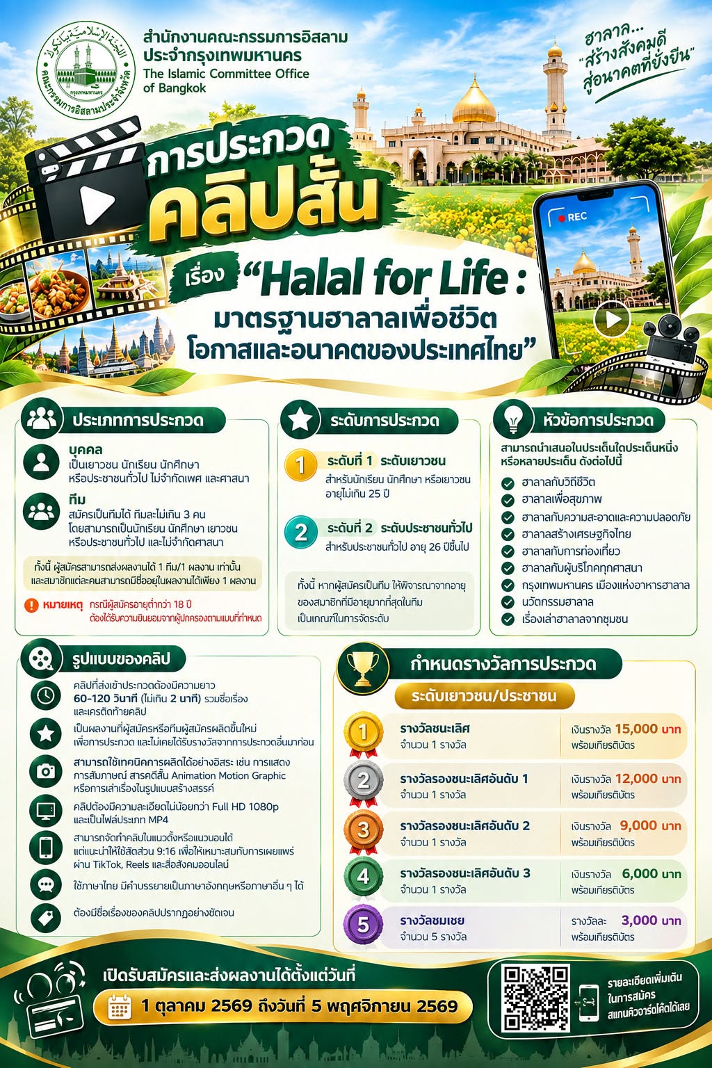 คณะกรรมการอิสลามประจำกรุงเทพมหานคร ขอเชิญนักเรียน นักศึกษา เข้าร่วมประกวดคลิปสั้น “Halal for Life”